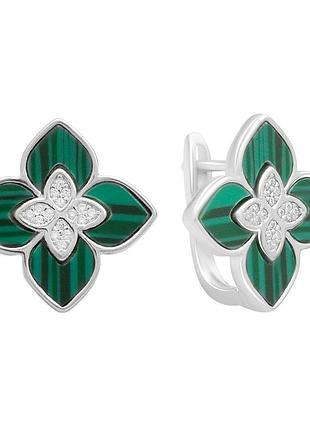 Серебряные серьги ortex с малахитом, фианитами (60002376)