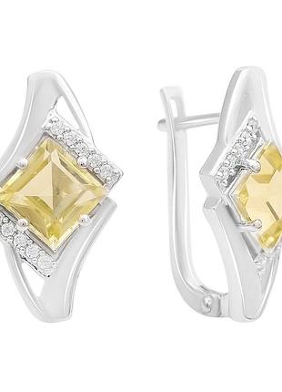 Серебряные серьги ortex с натуральным зеленим кварцем 3.645ct, фианитами (2162261)