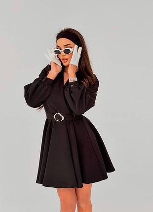 Чорна жіноча сукня з поясом розкльошена з довгим рукавом #0164 хс-с 42-44, м-л 46-48