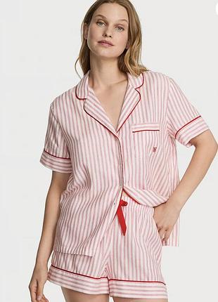 Фланелева піжама victoria’s secret white red stripes шорти та сорочка з коротким рукавом