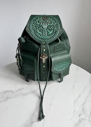 Зелений шкіряний рюкзак «кельтське дерево життя»