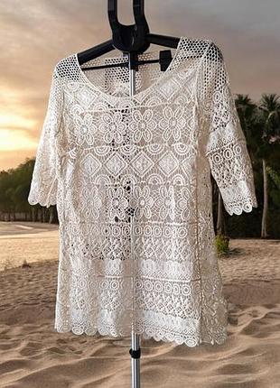 Пляжна блуза сукня - туніка сітка ажурная крючком кружевная 44 16 xl xxl 50-52 вільна туника сетка пляжная блузка в'язана прозора парео накидка