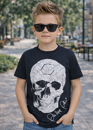 Яркая хлопковая чёрная футболка с узором из страз philipp plein junior made in turkey