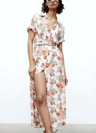 Довга сукня-сорочка з ванільним квітковим принтом на ґудзик zara xs-s