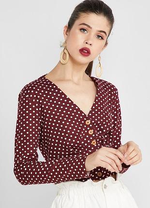 Блуза в горох бордо с завязками лён и вискоза
