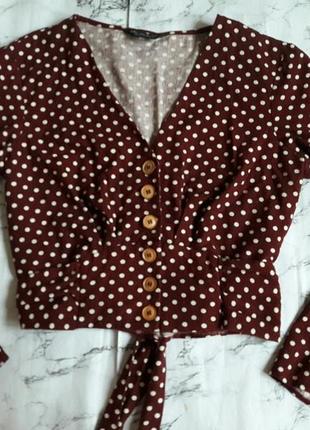 Блуза в горох бордо с завязками лён и вискоза2 фото