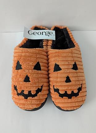 Шльопанці чоловічі george,тапочки,малюнок,помаранчеві,вишиті,велюрові,фліс,оранжеві,з малюнком,на флісі,хеловін,вишивка,гарбуз