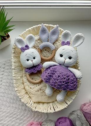 Набор для младенцев, вязаная игрушка зайчик, погремушка, грызунок ушки, ручная работа