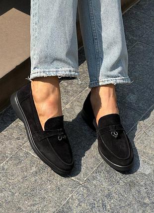 Женские лоферы туфли замшевые черные натуральная замша
