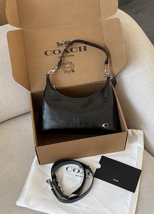 Женская кожаная сумка coach juliet shoulder bag in glazed leather black/silver