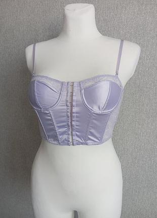 Лавандовый атласный корсетный топ бюстье с кружевом на шнуровке 🌸