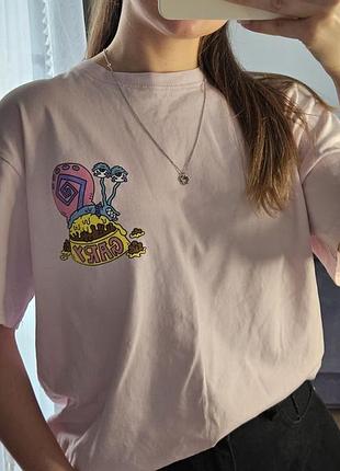 Розовая футболка pull &amp; bear x spongebob, размер s, оверсайз💖
