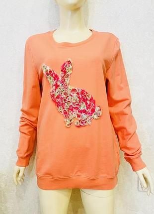 Шикарный коралловый свитшот с аппликацией кролика!!!