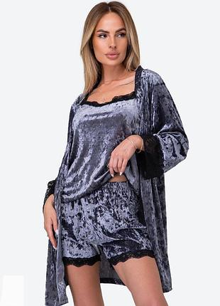 Комплект 3-ка женский, бархат, пижама, майка, шорты и халат, с кружевом