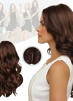 Довга хвиляста коричнева перука 26" feshfen з мереживним фронтом lace front, термостійке синтетичне волосся, каштанова
