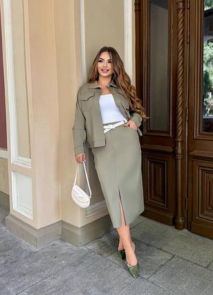 Костюм из джинса с юбкой. цвета: черный, мокко, масло, беж. размеры: 48–50, 52–54, 56-58, 60-62