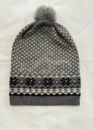 Жіноча тепла сіра шапка зі стразами, гарна шапка з бубоном з натурального хутра, шапка на осінь/зиму/весну