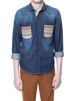 Джинсовая рубашка zara man denim couture ethnic pocket denim shirt