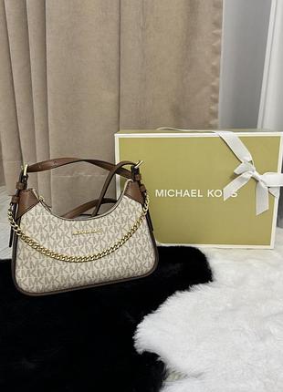 Сумка michael kors оригінал, шкіряна, майкл корс, стильна, жіноча кросбоді, з лого, біла, коричнева, wilma small signature logo crossbody bag