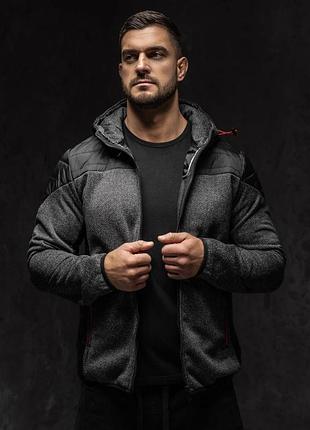 Чоловіча куртка парка фліска бомбер толстовка утепленна з капюшоном з карманами чорна з сірим демі демісезон весна осінь розмір м/ s