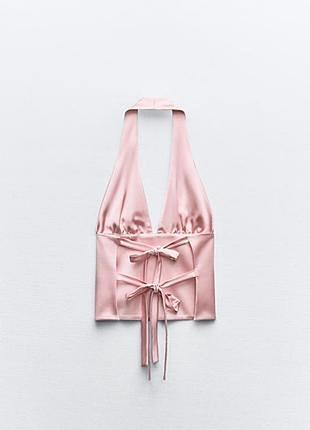 Zara розовый атласный топ халтер с завязками