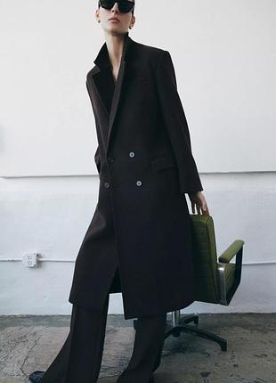 Двобортне пальто із вовни zara, шоколадне пальто zara, 3736/044/700
