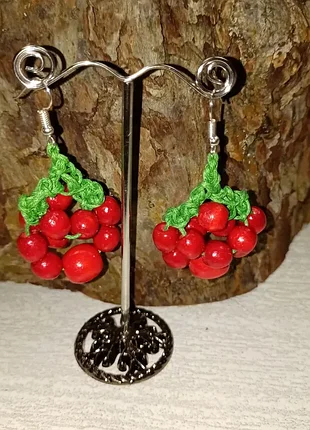 Серьги красная калина шарики из дерева ручная работа