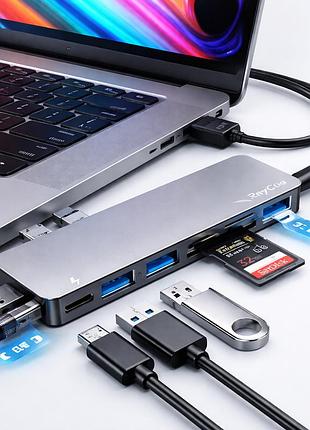Концентратор raycue 6-в-2 usb 3.0, высокоскоростной адаптер-док-станция thunderbolt 5k type-c с sd\tf-для ноутбука macbook pro