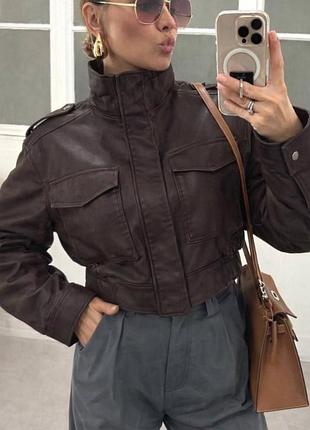 Куртка-бомбер з екошкіри, шкіряна куртка з коміром стійка, укорочена косуха з штучної шкіри