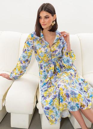 Голубое платье клеш с цветочным принтом | 95188