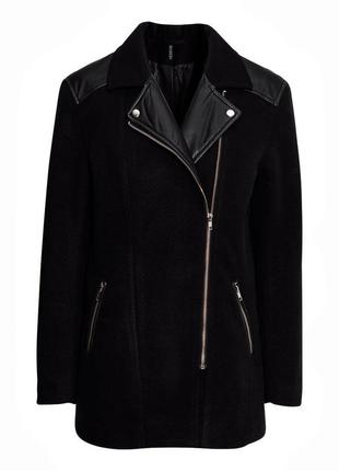 Чёрное пальто косуха о вставками из кожзама hm3 фото