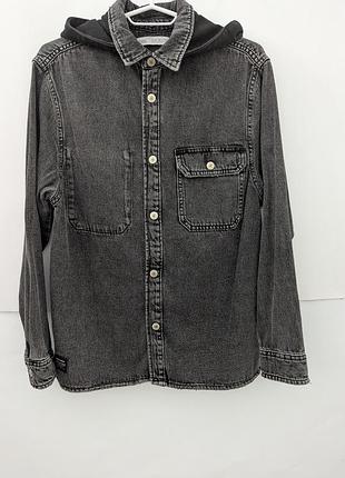 Рубашка джинсовая для мальчика zara, 11,12,152,черная,рубашка,джинс,хлопок,з,длинным,рукавом,широкая,свободная,прямая,капишон, худи