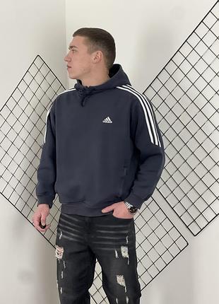 Темно синє - сіре оверсайз худі adidas three stripes navy hoodie