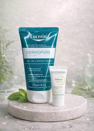 Гель для очищення обличчя та сироватка eucerin та bioderma.