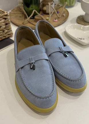 Замшевые лоферы женские голубые / мокасины / suede loafers