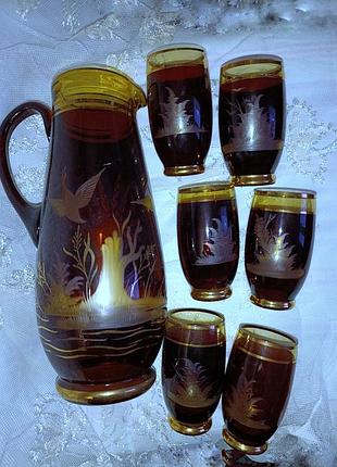 Вінтажний набір графін і склянки, bohemian