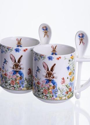 Набір подарункових чашок порцелянових garden rabbits 2 штуки по 300 мл із ложками hp-7323-3