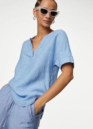 Лляна сорочка блузка блуза з коротким рукавом льон marks & spencer льняная рубашка блузка блуза с коротким рукавом лён