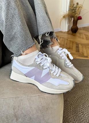 Трендові жіночі кросівки у стилі бренду n..ew b..alance 327 white grey lilac сіро-білі з бузковим лого