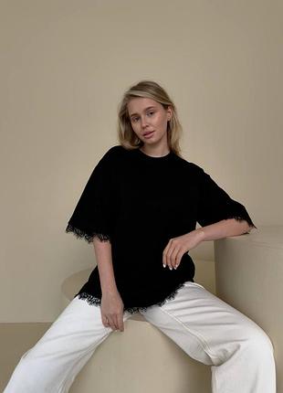 Трендова жіночна футболка з мереживом ✨ комфортна та стильна, чорний/молочний, one size, мод. 268