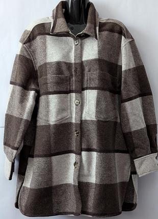 Пальто сорочка жіноча h&m, коричневе,куртка,рубашка,поліестер,з кишенями,в клітинку,широке,вільне,оверсайз,пряме,демісезон
