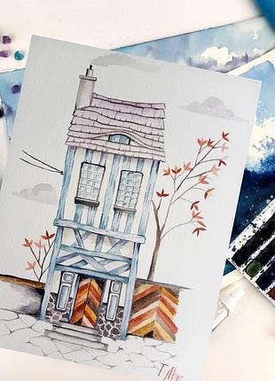 Рисунок акварельными красками "уютный домик" 15х21 см. без рамы.