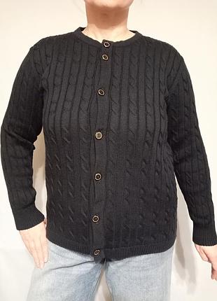 Кардиган шерстяной женский темно-синяя вязка косы размер l xl недорого