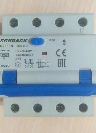 Дифавтомат schrack c32a тип а 30ма электромеханический.
