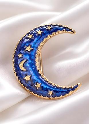 Брошка місяць зі зірками, синя емаль, celestial космічний стиль