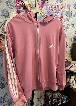 Стильна рожева толстовка adidas розміру l з характерними білими смугами на рукавах.