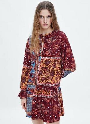 Віскозна сукня zara patchwork paisley boho swing dress autumn long sleeve oversized small