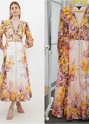 🌼 розкішна сукня довжини максі від karen millen petite trailing floral woven plunge, розмір 12 (м)