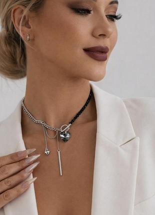 Кольє чокер намисто ланцюжок чорний з ланцюжками ювелірне скло сердечко стильне модне нове