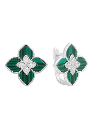 Серебряные серьги с малахитом, фианитами (660002376)